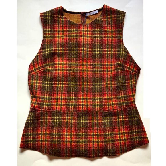 Zara Tops - Zara, Plaid, Sleeveless, Peplum Top, Red, Yellow, Brown, Sz Lg, NWT